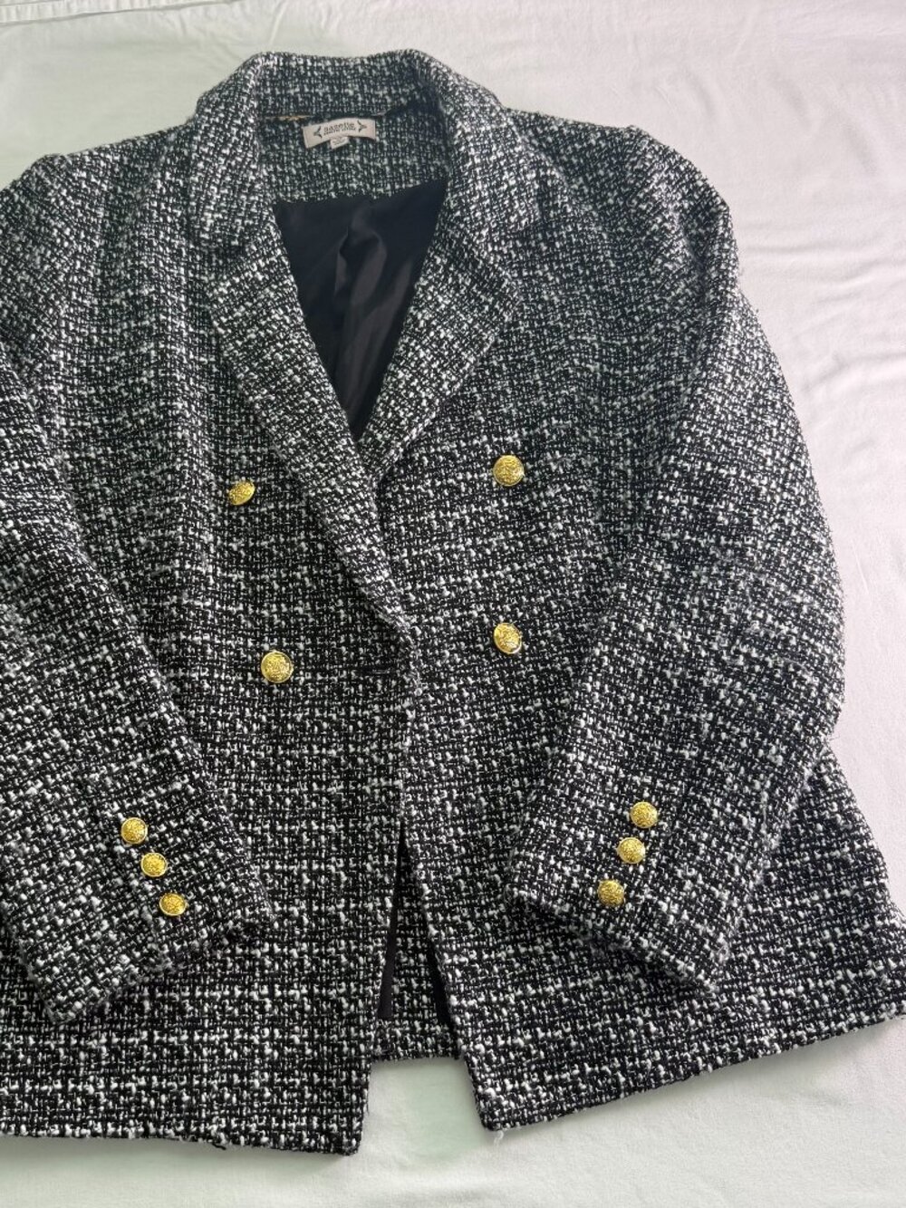 Nanette Lepore Tweed Blazer Jacket Black White Gold Button Double Breasted Size